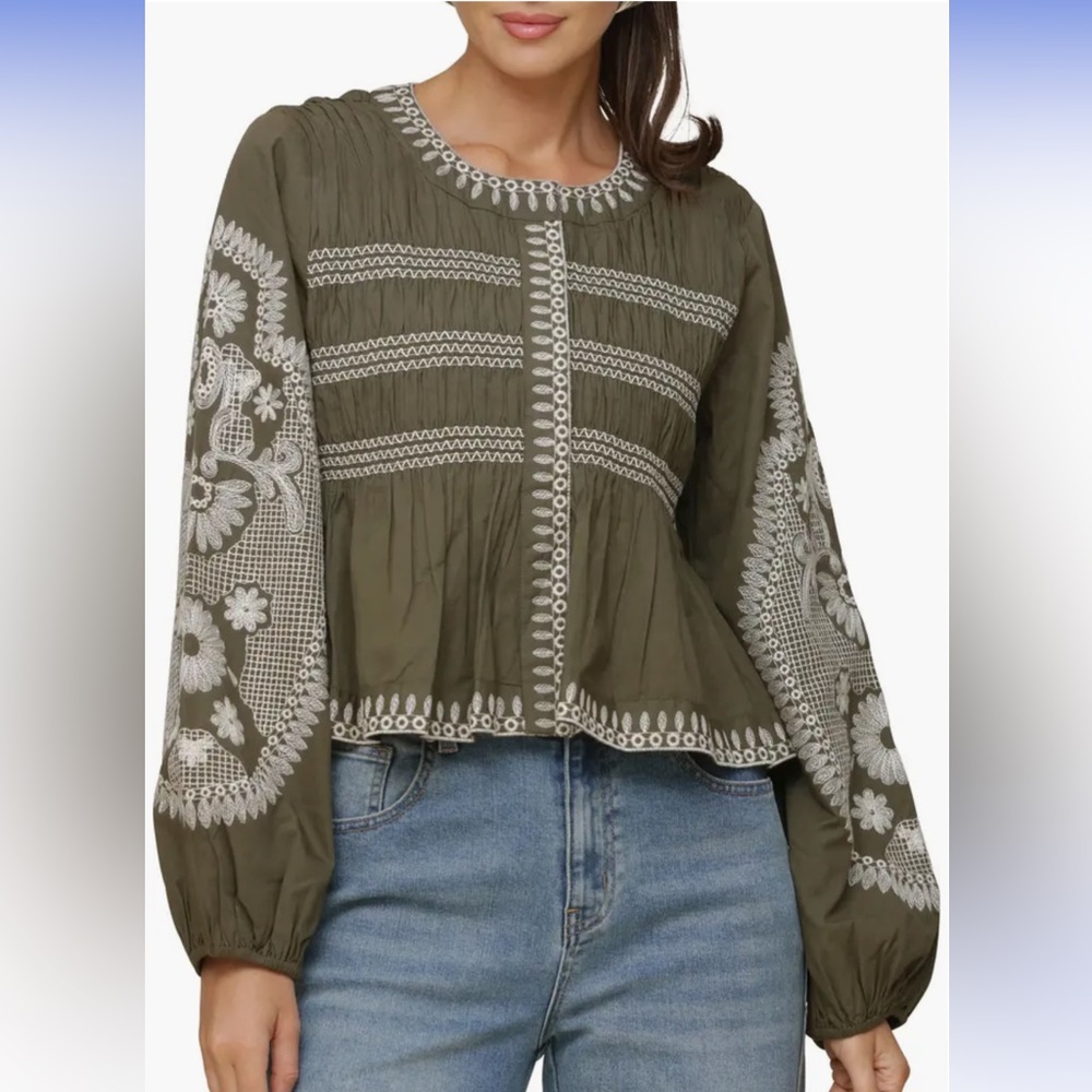 Embroidered Peasant Blouse - Olive with White